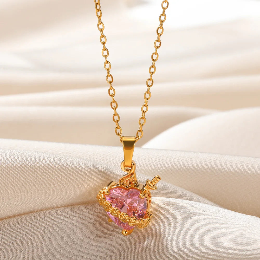 Luxury Pink Zircon Heart Necklace for Women Gothic Sword Go Through Heart Pendant Elegant Crystal Flower Love Choker Y2k Jewelry