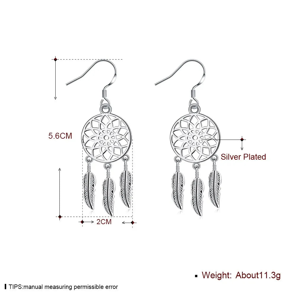Fine cute 925 Sterling Silver fine Dream catcher feathers earrings for woman fashion designer party wedding Jewelry gifts