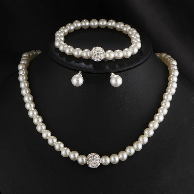 Womens Bride Wedding Jewelry Set Rhinestone Faux Pearl Necklace Bracelet Earring