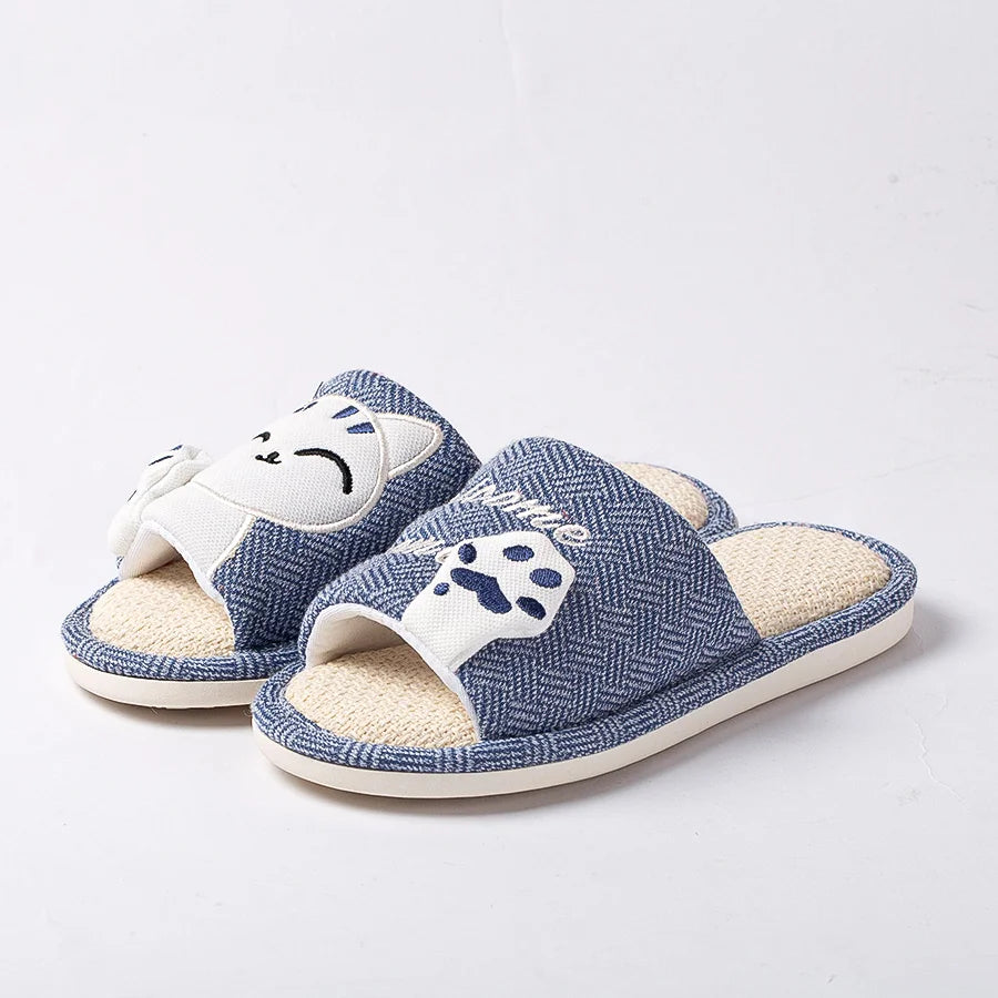 Cute Cat Platform Slippers Women Four Seasons New Linen Women's Thick Sandals Home Cartoon Slides Soft Non-slip Shoes 2024 New