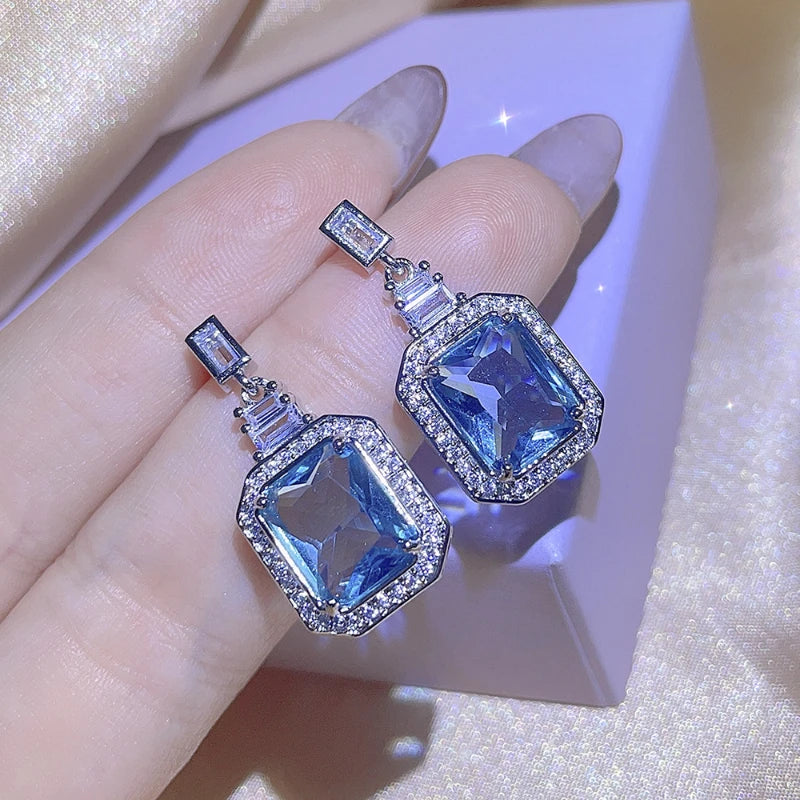 European style fashion geometric square blue crystal zircon necklace set s925 sterling silver luxury banquet party jewelry