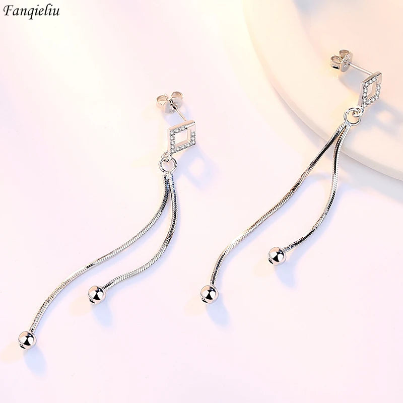Fanqieliu Original 925 Silver Needle Crystal Zircon Square Long Chain New Jewelry Drop Earrings For Lady FQL23554