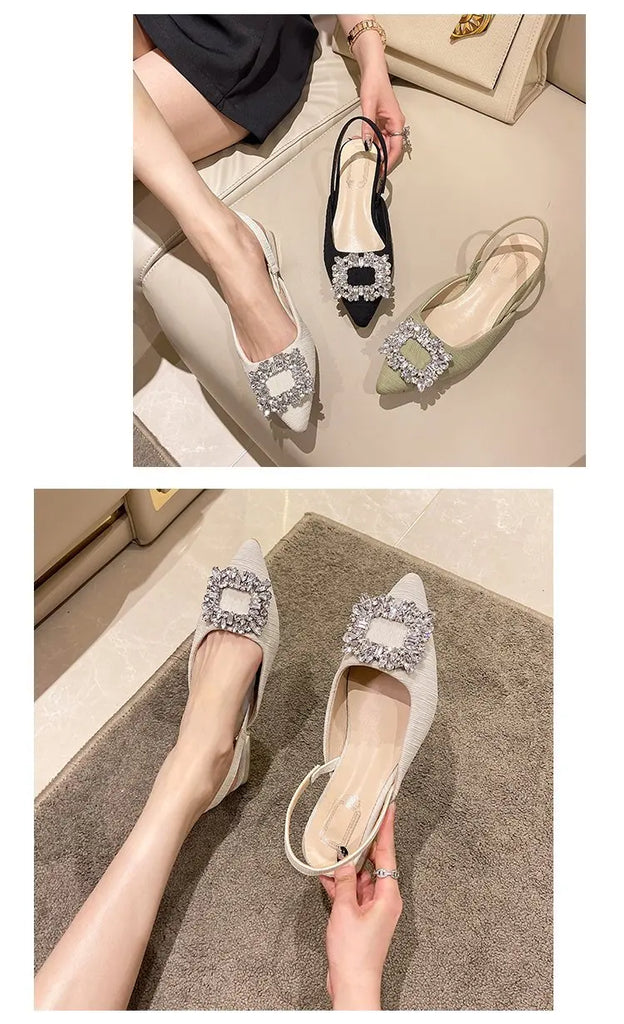 Beige Heeled Sandals Clear Shoes 2023 Women's Black Rhinestone Medium Pointed Closed New Spring Gladiator Block Girls