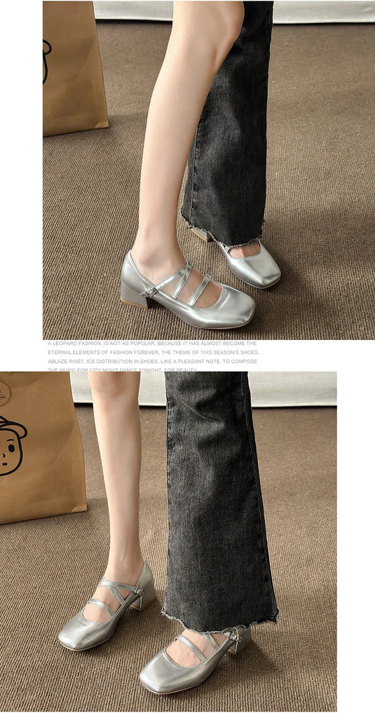 Casual Woman Shoe Female Footwear Shallow Mouth Low Heels Square Toe New Dress Retro On Heels Mary Janes Leisure Rubber High Sol