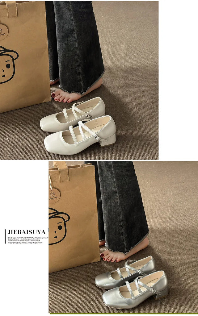 Casual Woman Shoe Female Footwear Shallow Mouth Low Heels Square Toe New Dress Retro On Heels Mary Janes Leisure Rubber High Sol