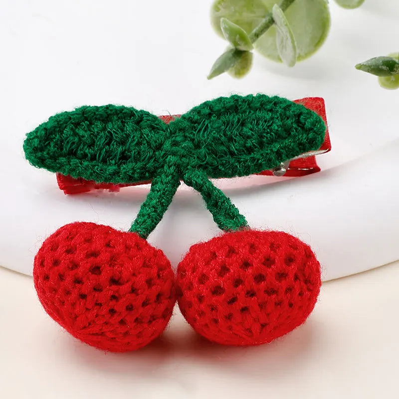 2Pcs Cute Knitted Cherry Hair Clip Handmade Side Bangs Hairpins Kids Barrettes Cartoon Baby Headwear Hair Accessories