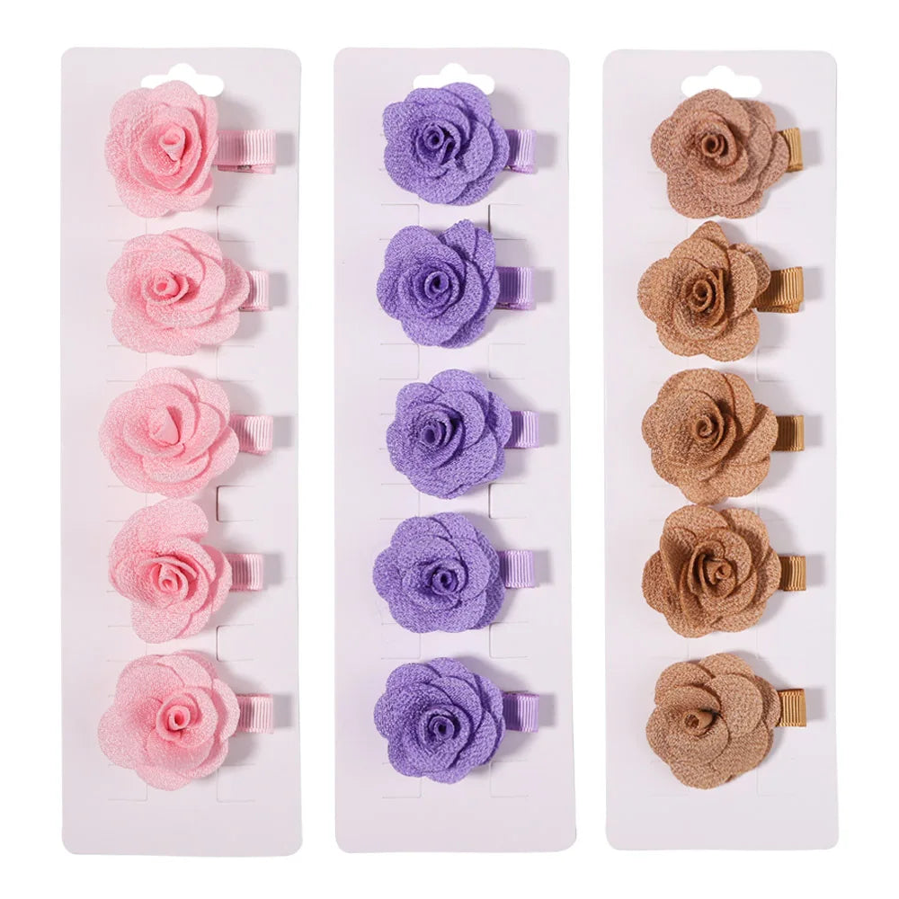 5Pcs/Set Solid Color Sweet Camellia Hair Clips For Kids Girls Flower Hairpins Covered Safety Clips Headwear Hair Accessories