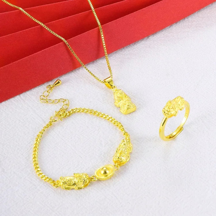 Fashion Vietnam Sand Gold Pixiu Pendant Set Plated 24K Gold Women's Gold ingot Bracelet Ring Jewelry