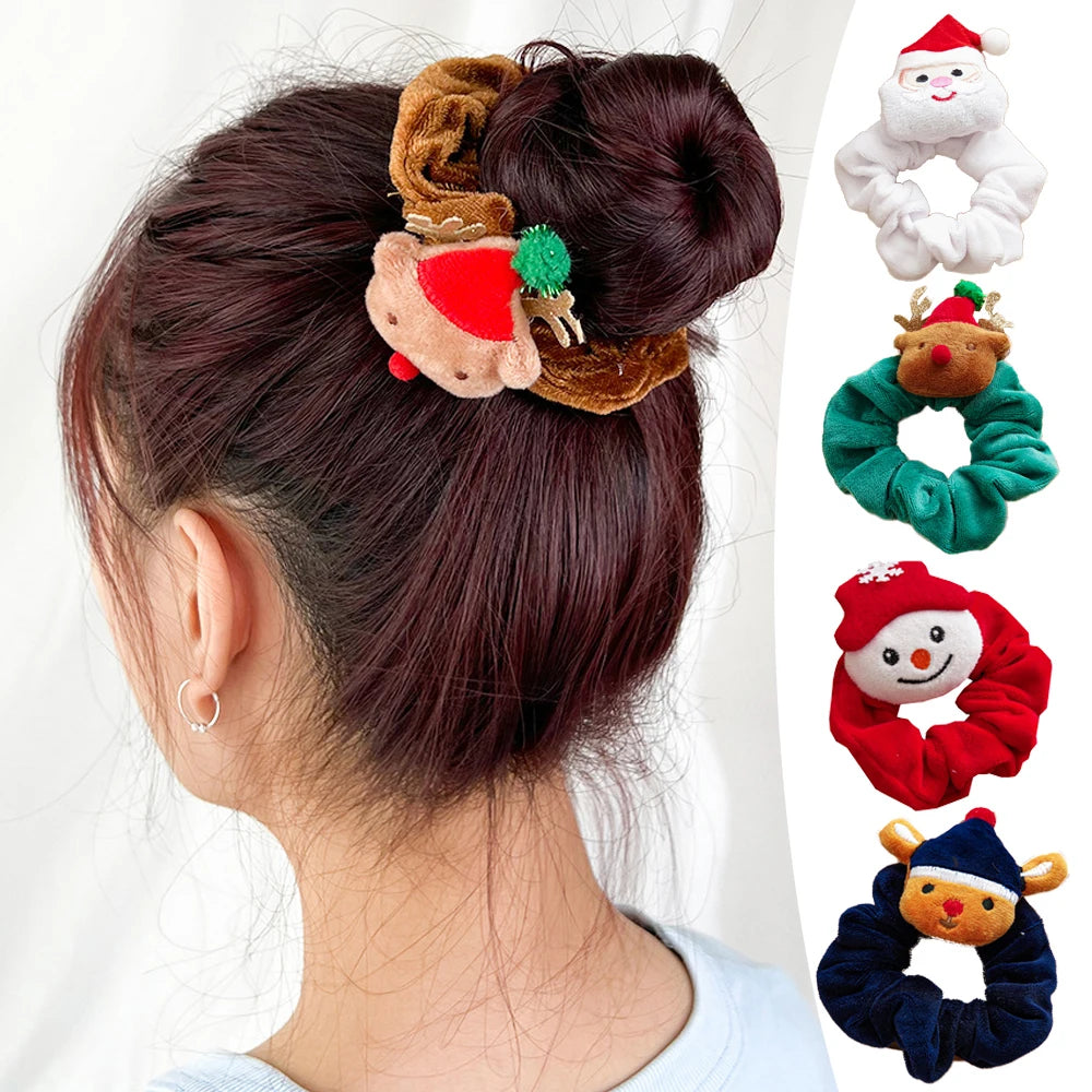 Girls Christmas Flannel Ponytail Holder Hair Ties Santa Claus Elk Velvet Hair Rope Creative Kids Scrunchies Hair Accessories
