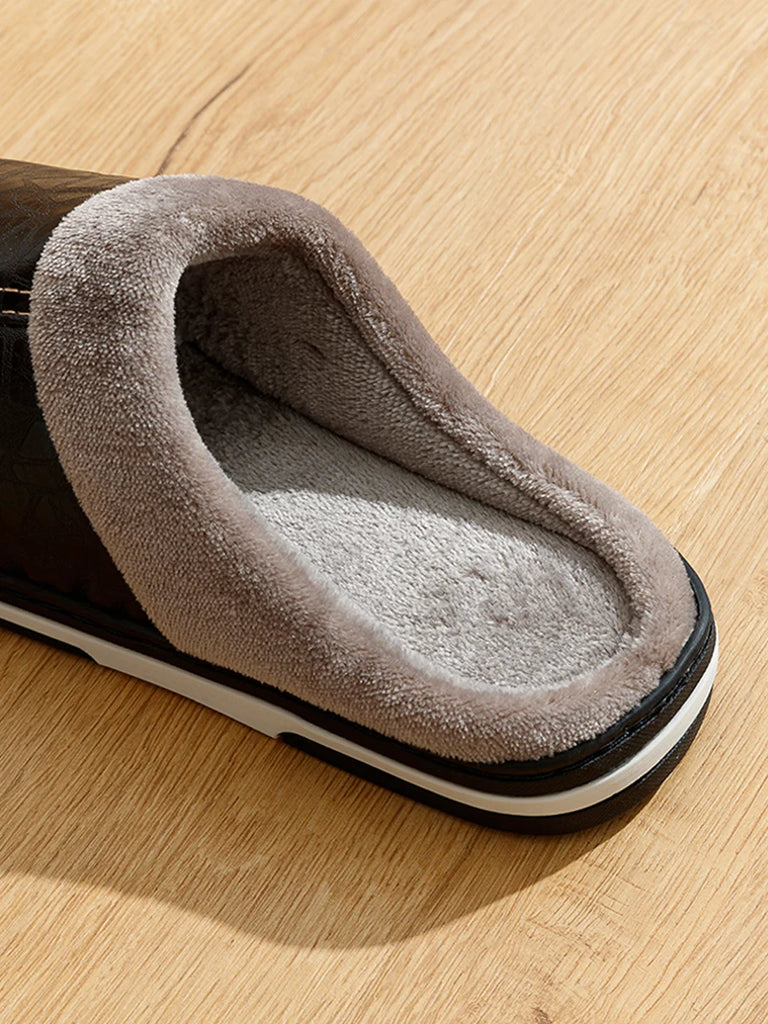 PU Leather Big Sizes Men slippers Indoor Waterproof Fur Flat Men's Winter Home Slipper Cotton Bedroom Houseshoes