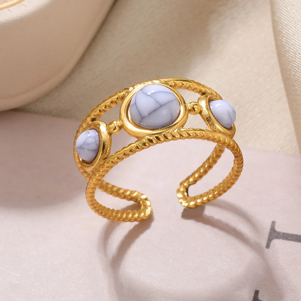 Stainless Steel Rings For Women Natural Stone Open Ring Aesthetic Gold Color Hollow Jewelry Birthday Punk Gift New  Accesorios