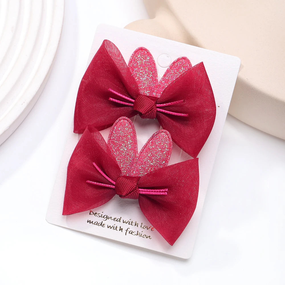2pcs/set New Girls Kids Gauze Bow Hairpin Rabbit ears Hair Clips Princess Hair Accessories Baby Barrettes Wholesale