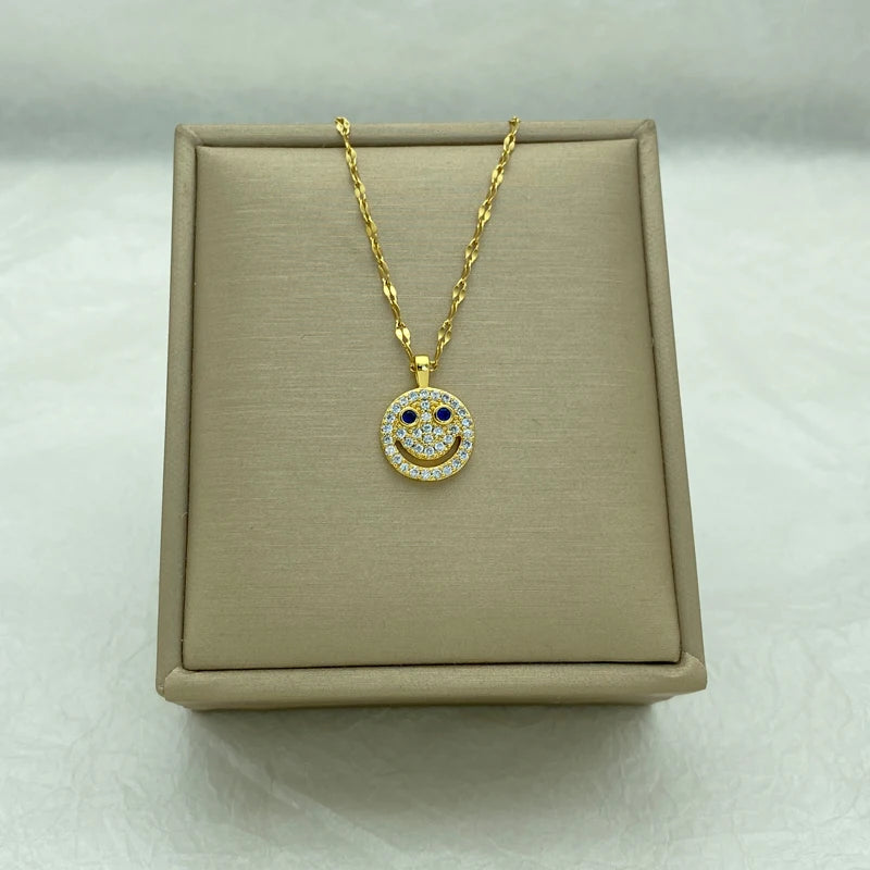 Gold plated Smile Face necklace for women New Fashion Jewelry Rhinestore Pendant Cute Necklace Luxury Style European Korea