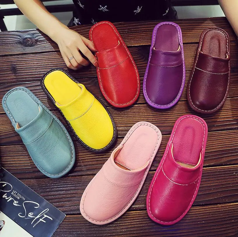 Spring Autumn Indoor Shoes Men's Woman Slippers Plus Size 35 46 Man Concise  brown Simple Leather Home Slippers For Men