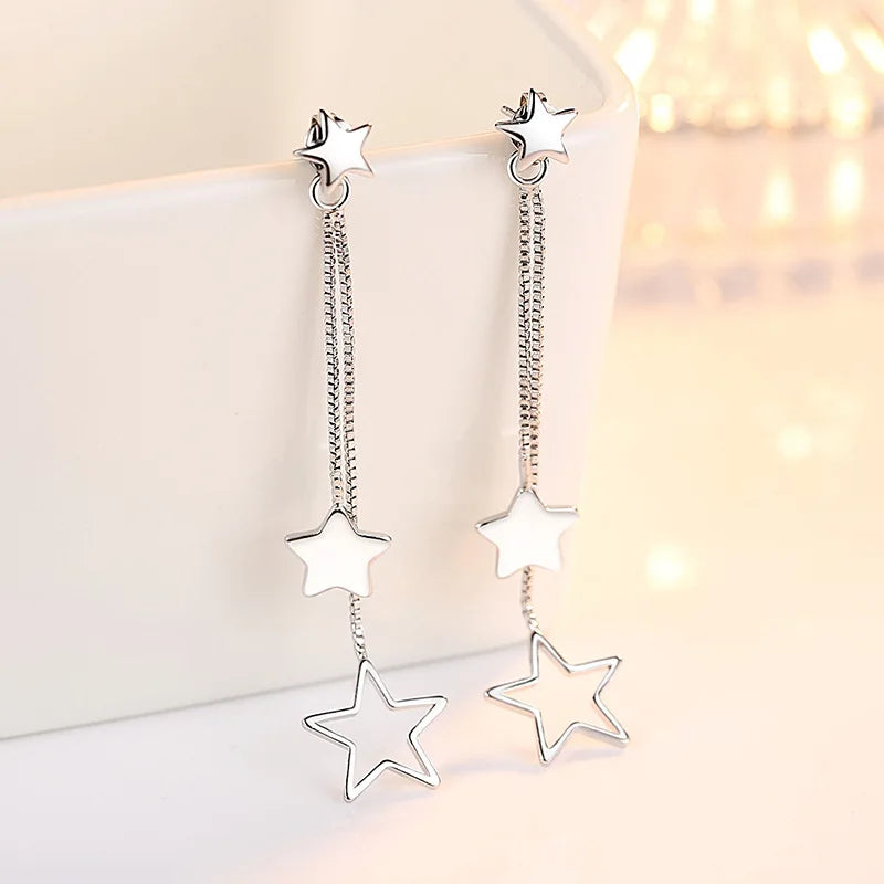 Genuine 925 Sterling Silver Jewelry Long Chains Star Drop Earrings For Lady New XY0026