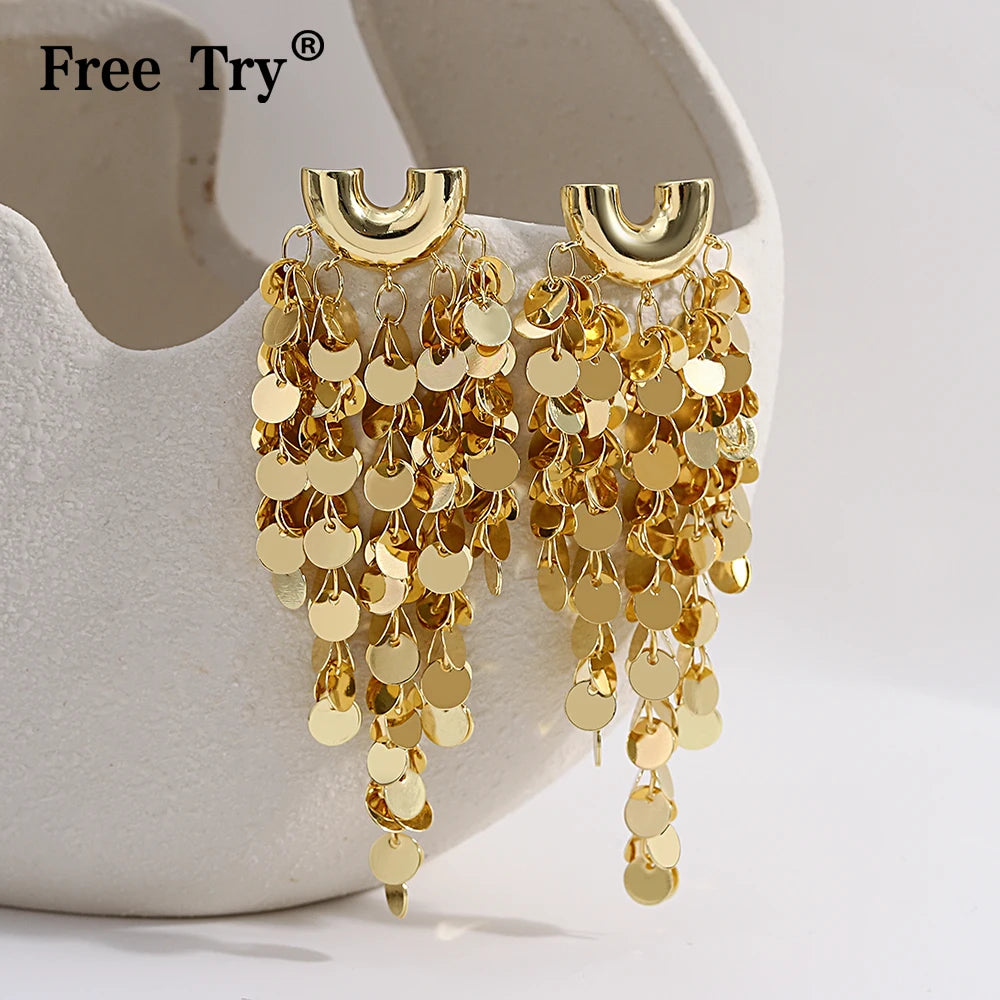 Freetry Shiny Sequins Long Tassel Earrings For Women Personality Multilayer Gold Color Copper Drop Earring Wedding Party Jewelry