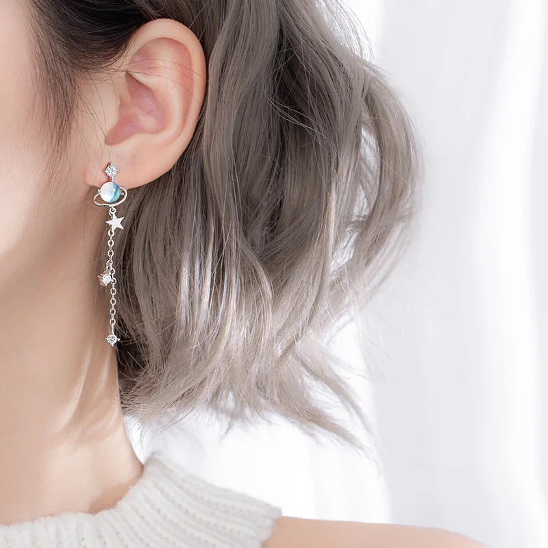 CIAXY Silver Color Star Earrings for Women Blue Space Universe Planet Zircon Circle Long Earrings Korean Fashion Jewelry