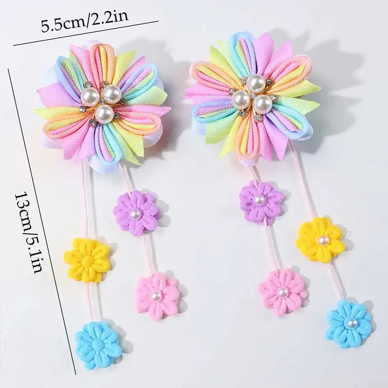 2Pcs Sweet Pearl Tassels Hairpins Kids Rhinestone Barrettes Ribbon Rose Flower Hair Clip Girls Headwear Party Hair Accessories