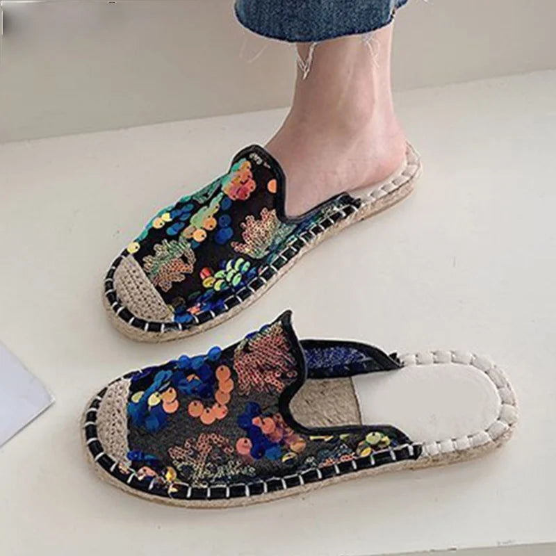 Comemore Slip on Casual Canvas Shoes Ladies Breathable Female Mules Comfort Outdoor Footwear Women Embroider Hemp Flat Slippers