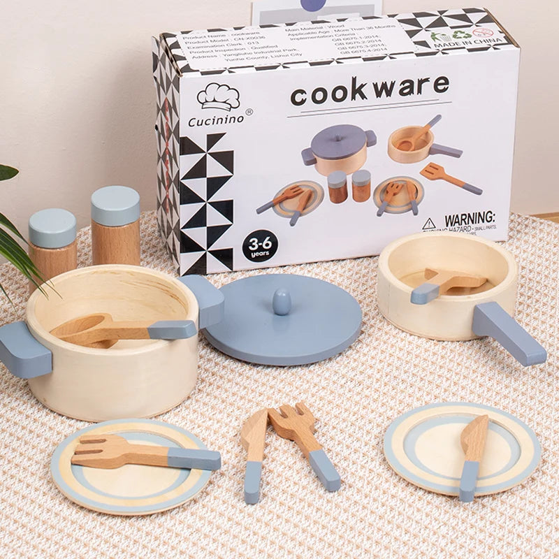 Wooden children's simulation kitchen toys, early education educational toys, simulation pots and pans, food, role-play chef