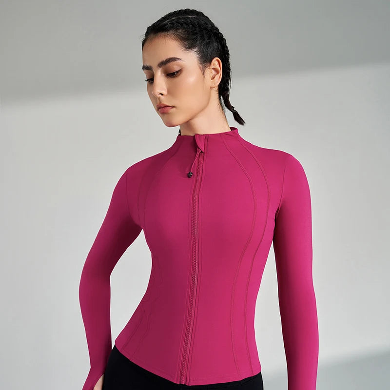 Gym Women's Full Zip Yoga Top With Thumbholes Fitness Running Jacket Stretch Fit Long Sleeve Round Neck Top Sportswear