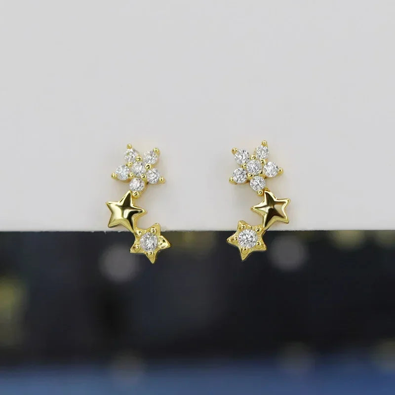 TrustDavis Real 925 Sterling Silver Star Zircon Stud Earrings Women Exquisite Sweet 14K Gold Plated Jewelry Gift L096