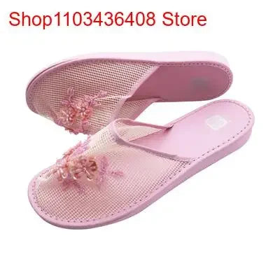 Women Stylish Mesh Floral Slippers Flats Flip Flop Loafers Ladies Mules Fresh Breathable Home Floor Parent-Child Eva Bottom