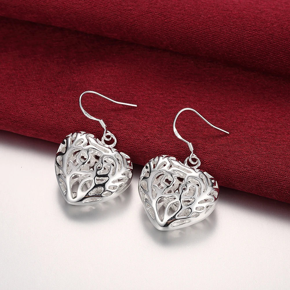 Hot charm 925 sterling Silver necklace earrings Jewelry set for women heart Hollow Fashion Party Christmas Gifts high quality