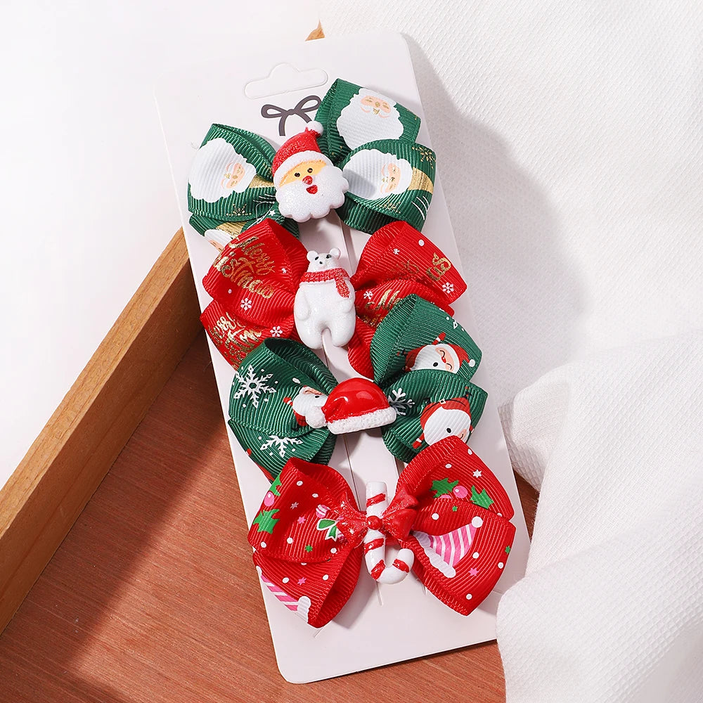 4Pcs/Set Baby Girls Christmas Snowman Bows Hair Clips for Kids Funny Ribbon Bowknot Hairpin Headwear Hair Accessories Gifts