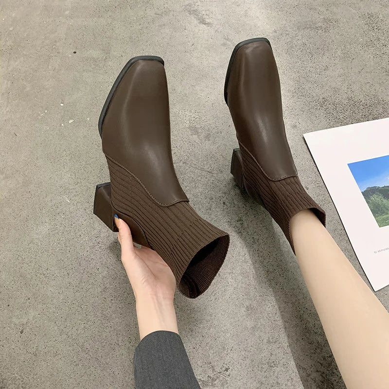 Women's Boots Autumn Winter Footwear Female Shoes 2024 Large Size Rubber Ladies Med Lace-Up Square Toe Sewing PU Ankle Cotton F