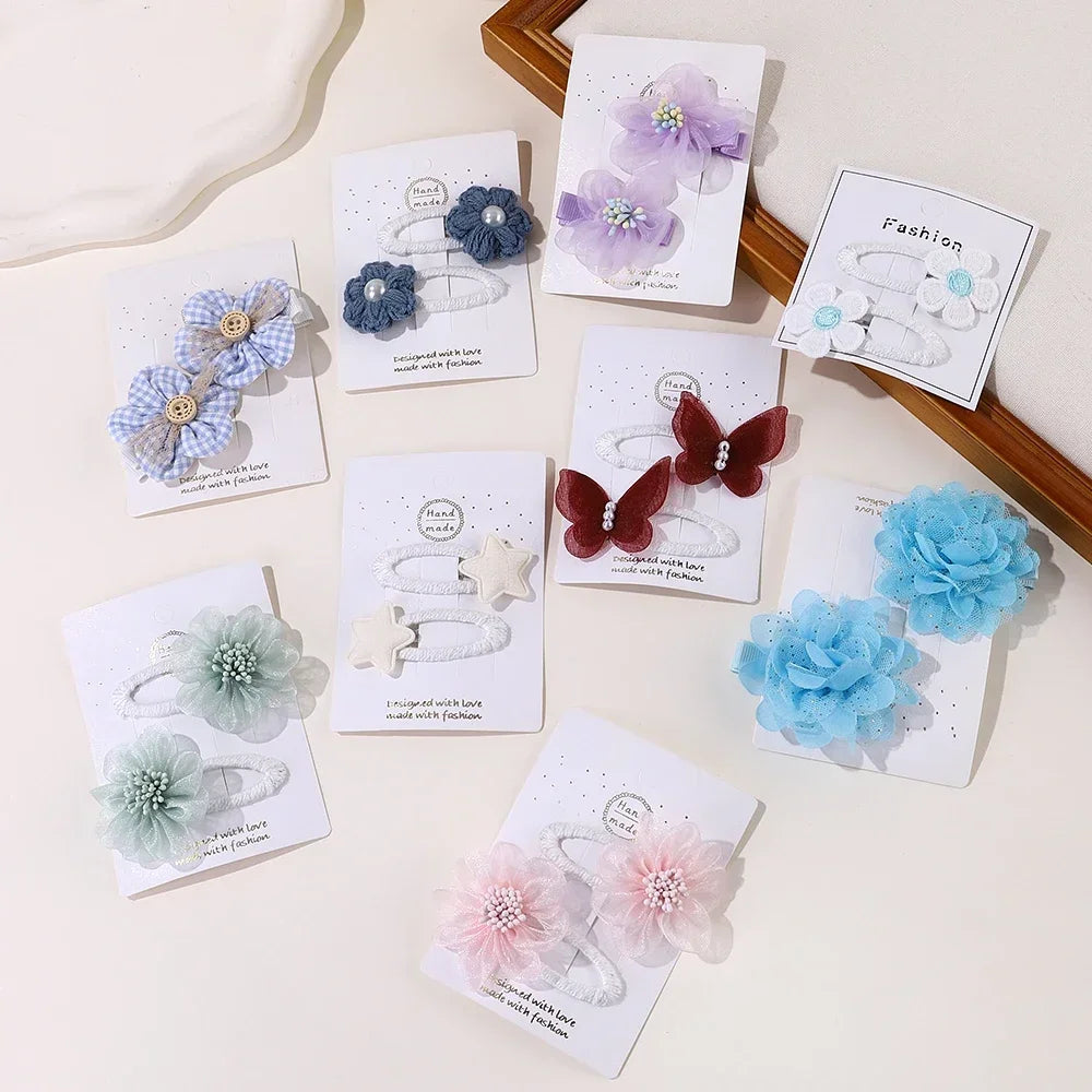 2pcs/set Girls Cute Flower Bow Star Solid Color Safe Nylon &knitting & Mesh Kids Hair Clips  Accessories Hairpins For Children