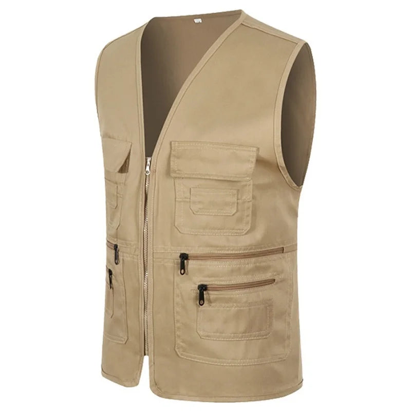 2022 Men's Multi-pocket Vest Casual Fishing Vest Men's Solid Color Overalls Sleeveless Zipper Director Vest