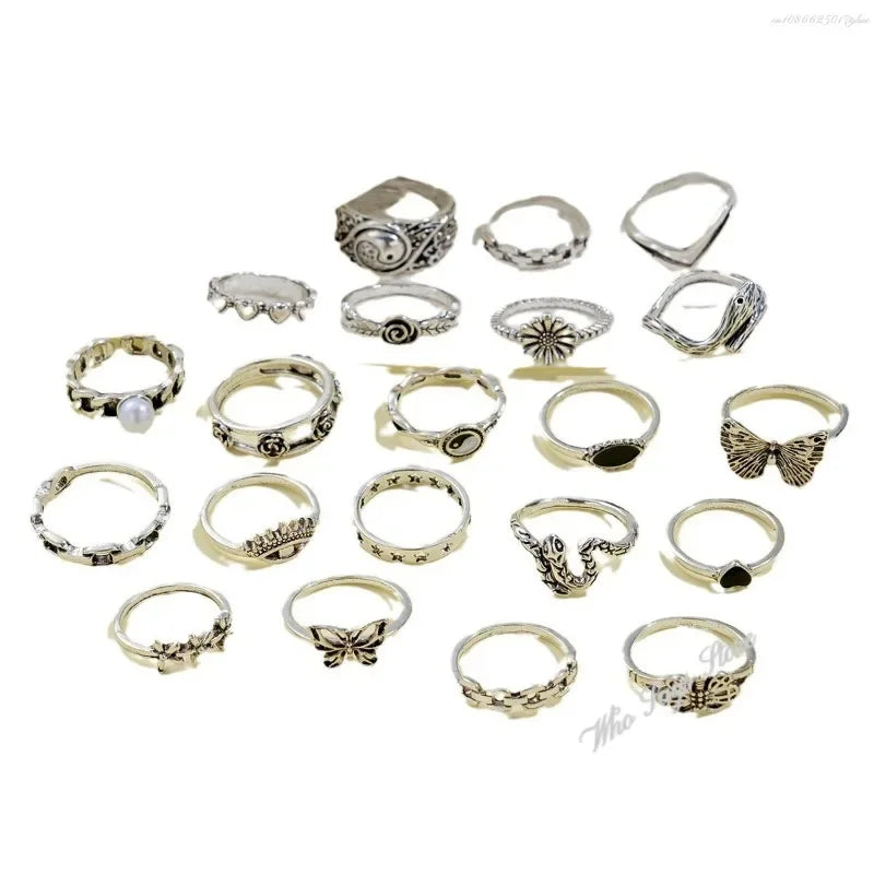 21pcs Set Punk Style Butterfly Heart Stainless Steel Ring and Tai Chi Design Multi-element Snake Rings Set Кольца Женские Кольцо