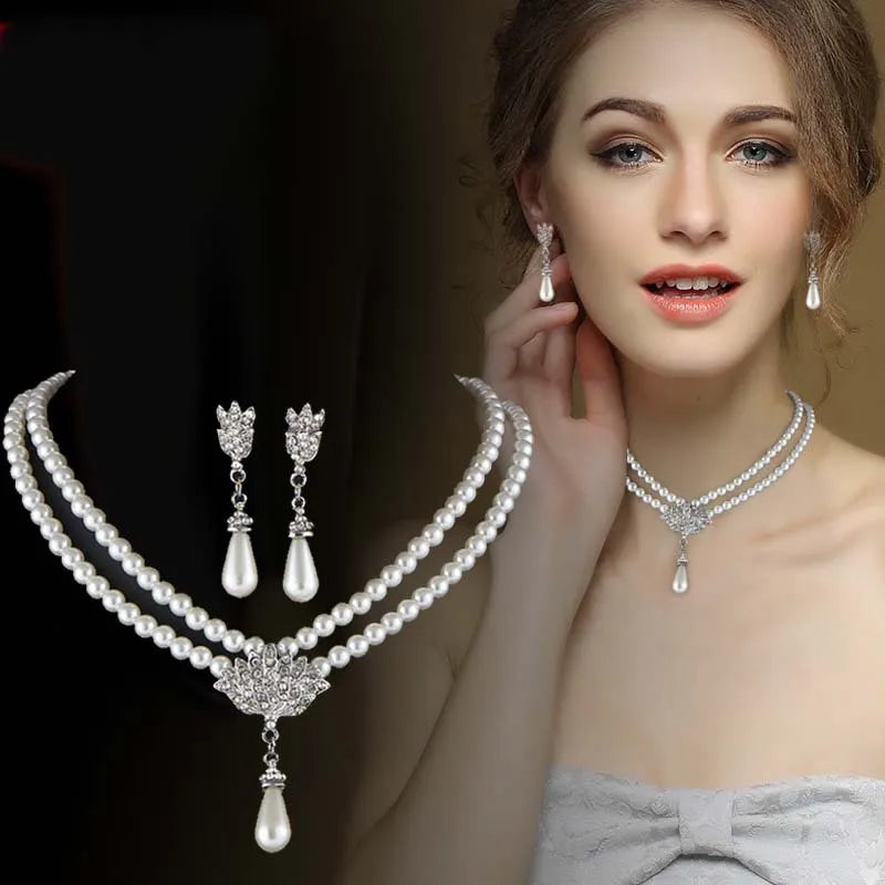 RAKOL Luxury Bride Pearl Crystal Jewelry Sets for Women Korean Temperament Short Collarbone Earring Necklace Set