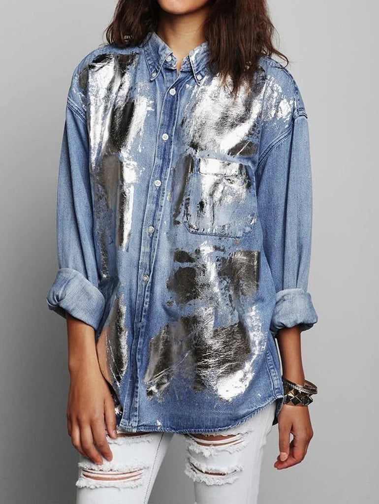 Women Fashion Denim Shirt Long Sleeve Turn Donw Collar Metallic Coated Button Down Denim Pocket Shirt Retro Casual Female Shirts