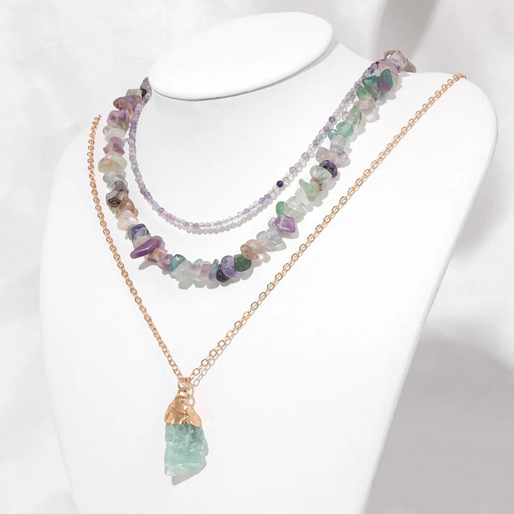 Set natural amethysts beads necklaces for women irregular raw quart pendant necklaces chain handmade energy healing jewelry