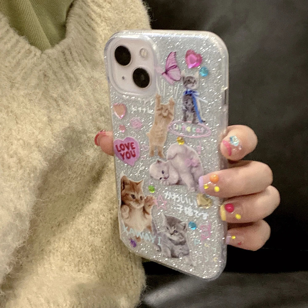 Korean Cute Glitter Cat Cloear Phone Case For iPhone 15 14 13 12 11 Pro Max X XS XR 7 8 Plus SE 3 Lovely Shockproof Soft Cover