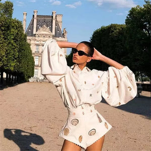 UNIZERA2024 Spring/Summer New Product Women's Fashion and Elegance Shell Printed Shirt Lace Panel Shorts Casual Set