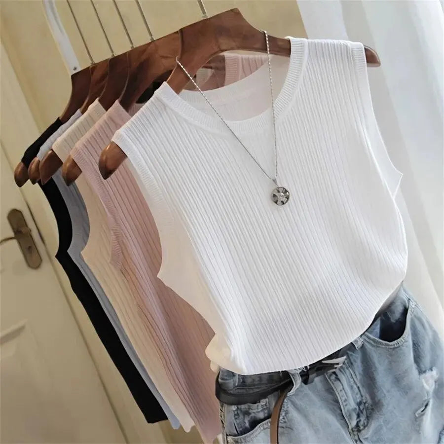 zjaiss 2024 Summer New Fashion Knitted Vests O-neck Sleeveless Casual Thin Tops Sleeveless Blouse Women Shirt