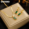 DIEYURO 316L Stainless Steel Square Green Crystal Zircon Necklace Earrings For Women Girl New Fashion Non-fading Jewelry Set