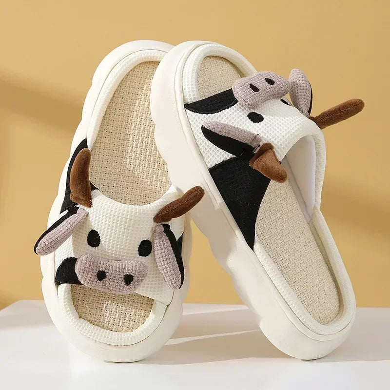 Four Seasons Indoor Home Sandals Cute Cartoon Frog Milk Cow House Slippers Personalized Couple Slides Women Linen Slippers