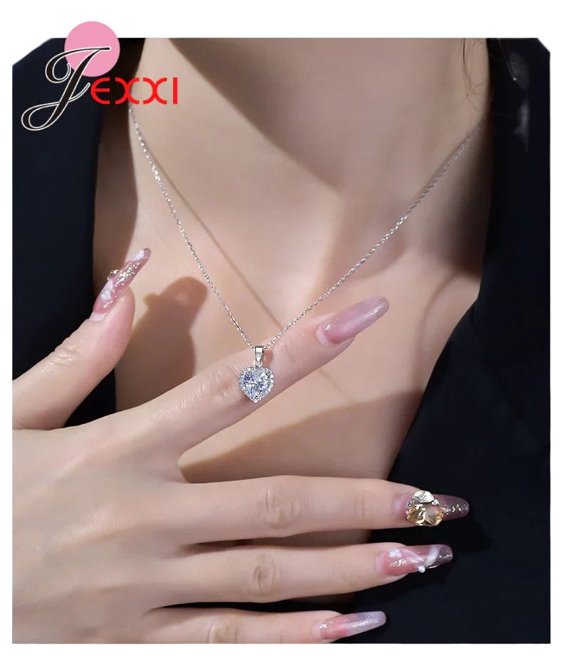 Romatic Birthday Valentines Day Gift Luxury 925 Sterling Silver Jewelry Sets Full Cubic Zircon Heart Ring Necklace Earrings