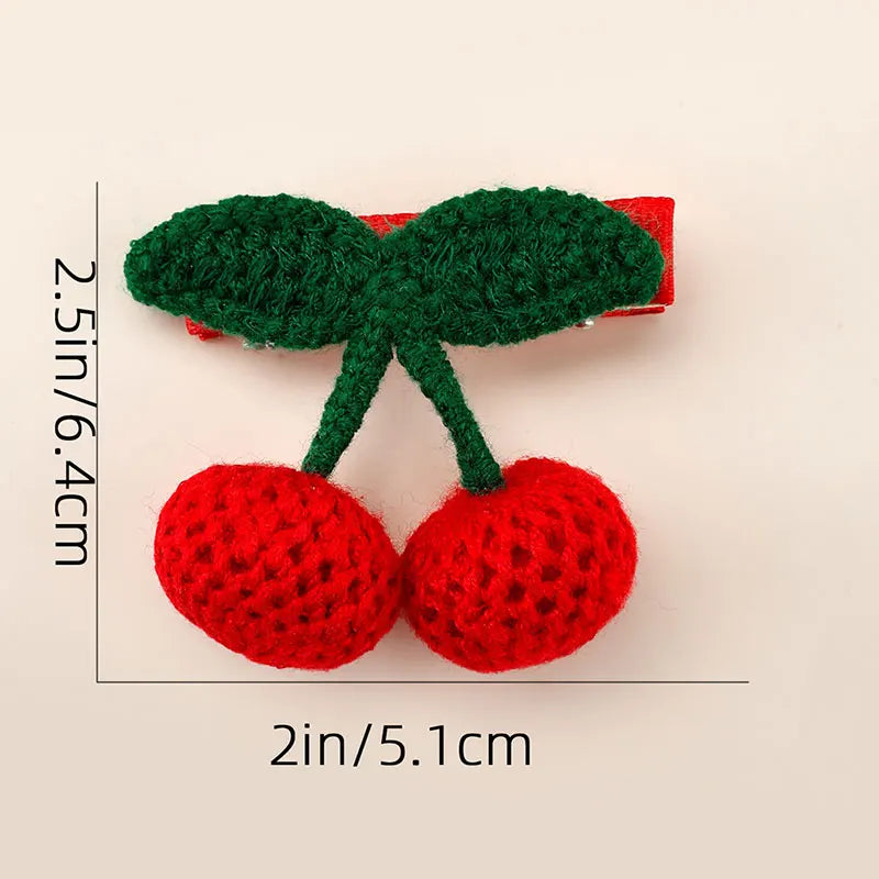 2Pcs Cute Knitted Cherry Hair Clip Handmade Side Bangs Hairpins Kids Barrettes Cartoon Baby Headwear Hair Accessories