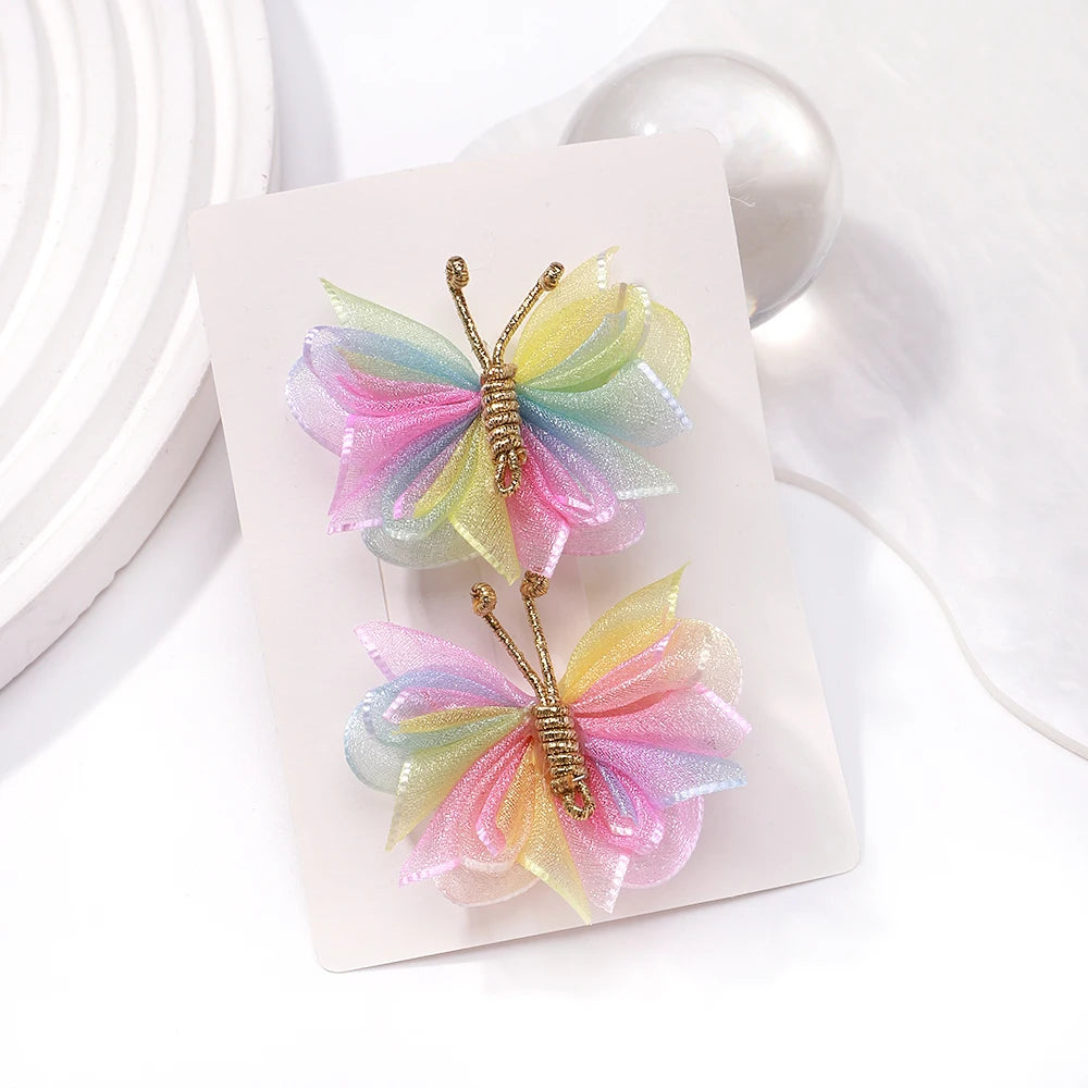 2pcs/set Butterfly Hair Clip Gradient Flocking Hairpins with Gold Color Cute Gauze Headwear Girls Children Hair Accessories Gift