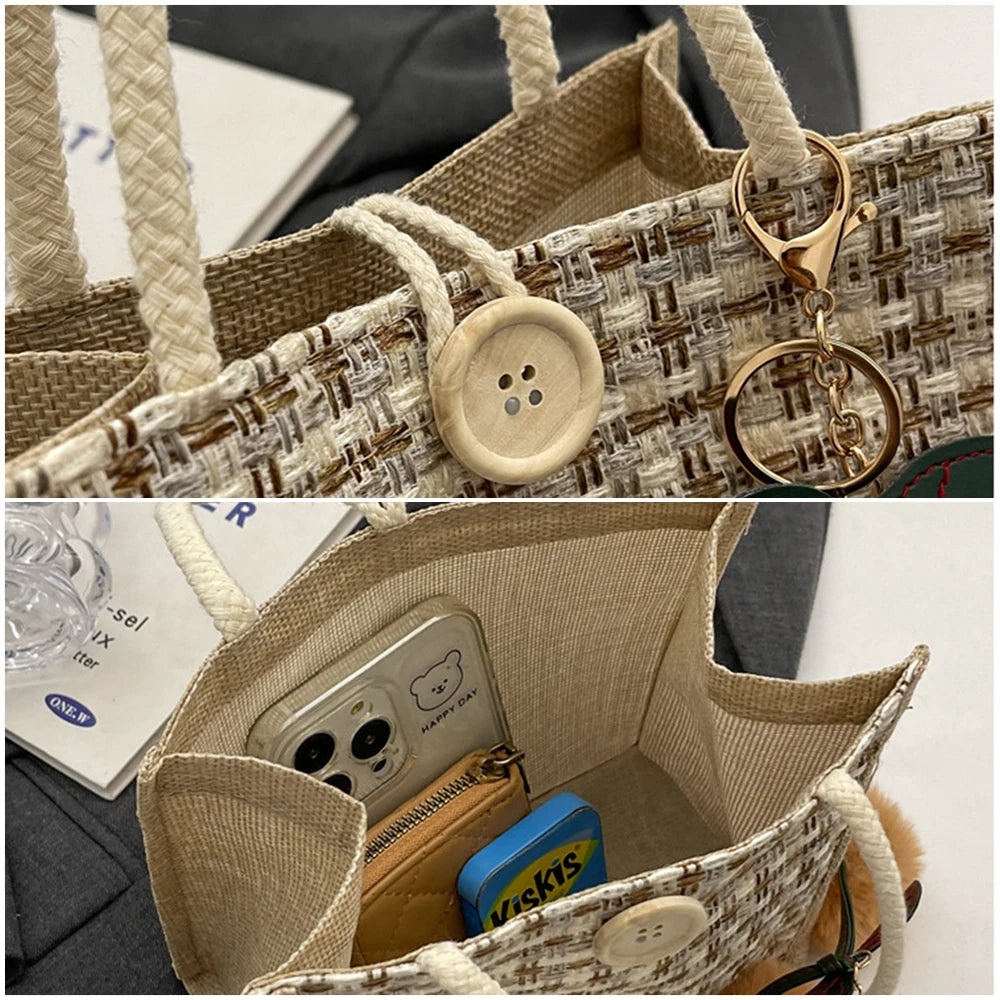 Retro Braided Pattern Jute Tote Bag Large Capacity Grocery Bag Women Handbag Beach Organizer Portable Shopping Bag Lunch Bag