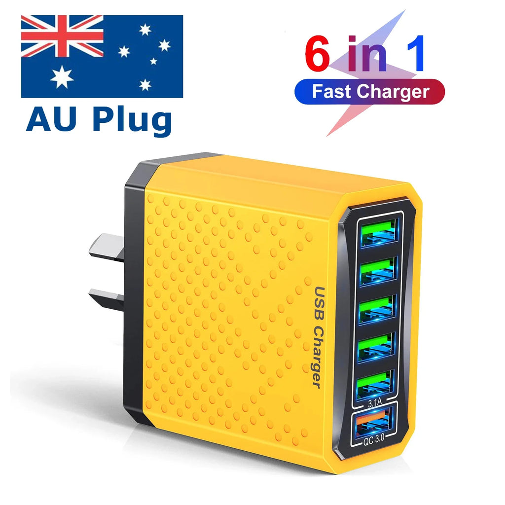 GTWIN 3.1A 6 IN 1AU Plug Fast Charger USB Australian Multi Charger  QC3.0 Quick Charger Yellow Mobile Phone Charger Wall Charger