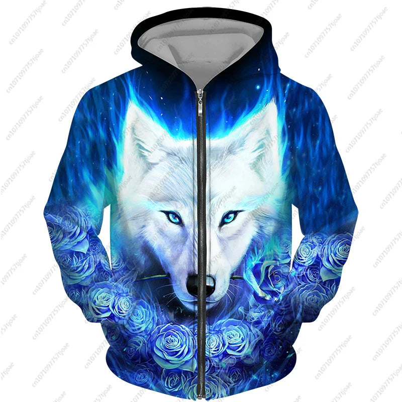 2024 New Men's Zipper Hoodie Wolf Fashion Jacket Animal 3D Print Pattern Sweatshirt Street Apparel Casual Clothes Men Clothing