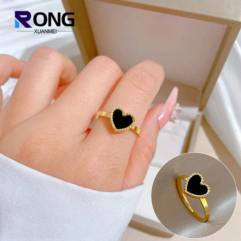 RONGXUANMEI New Trendy 2024 Gold Color Black Heart Stainless Steel Rings For Women Elegant Colorfast Love Party Finger Ring Gift