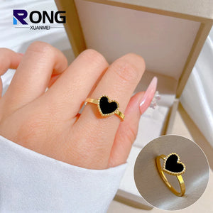 RONGXUANMEI New Trendy 2024 Gold Color Black Heart Stainless Steel Rings For Women Elegant Colorfast Love Party Finger Ring Gift