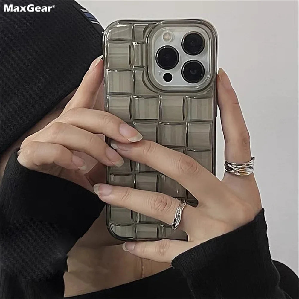 Luxury Jelly Transparent Crystal Weave Pattern 3D Case For iPhone 15 14 13 12 11 Pro Max Plus 13Mini 12Mini Shockproof Cover